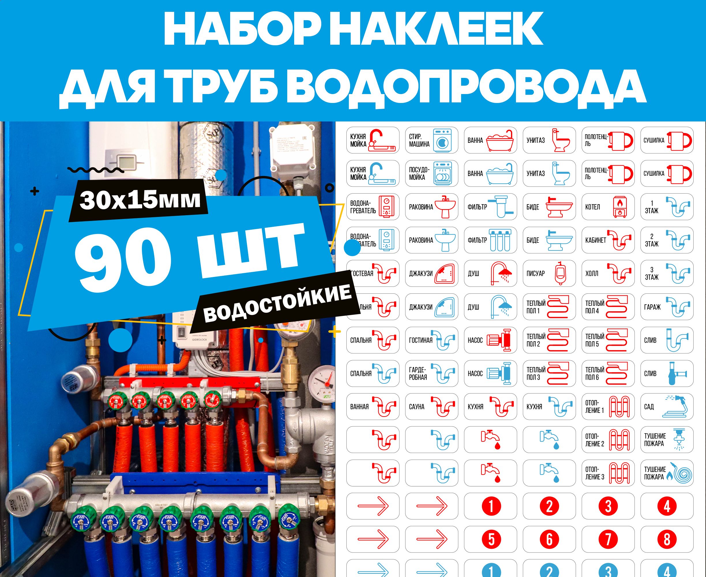 Наклейки подписи для маркировка труб водопровода сантехники ГХВ 90 шт по  30x15мм купить по выгодной цене в интернет-магазине OZON (743742139)