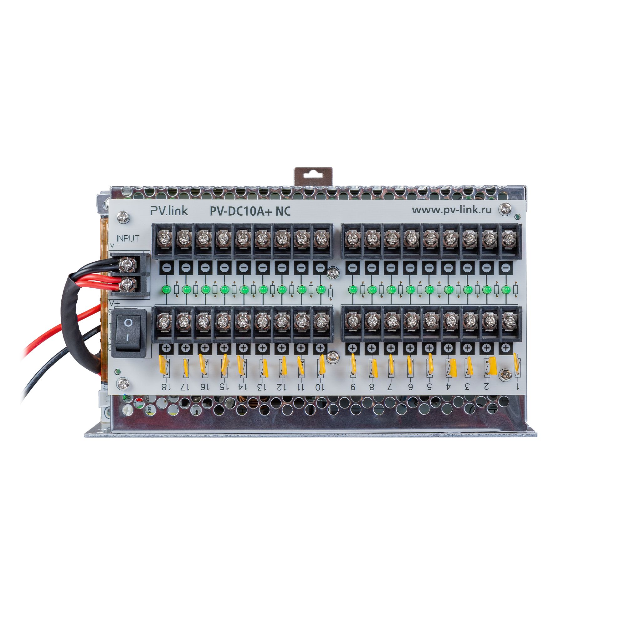 Блок бесперебойного питания (ИБП 12 В) DC 12 В, 10 А, 18 выходов, PV-Link PV-DC10A+ NC, для видеонаблюдения, охранных систем, установка на DIN-рейку