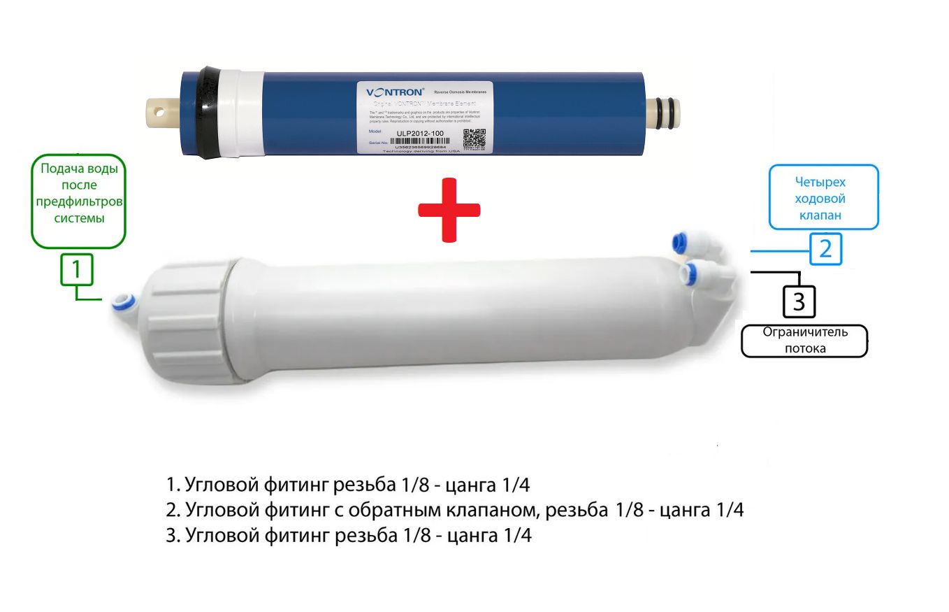 Корпус мембраны для обратного осмоса 1812 2012 с фитингами и мембраной Vontron ULP-2012-100