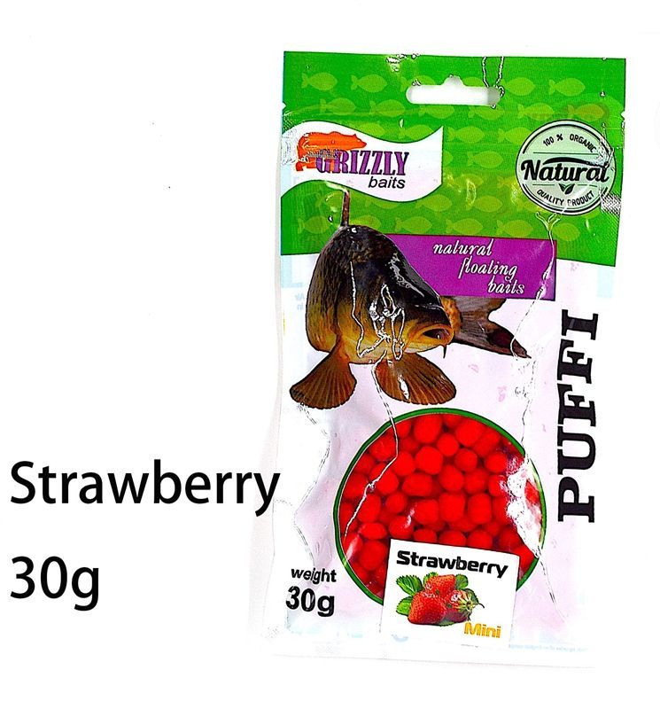 Прикормка для рыб воздушное тесто, пенотесто для рыбалки Grizzly вкусом клубники (Strawberry) пуффы мини 30 гр.