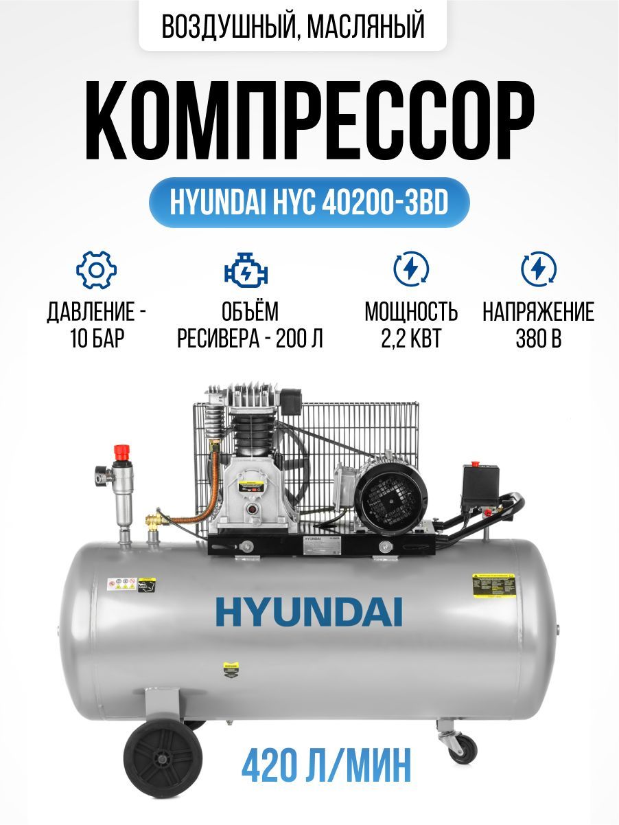 Компрессор воздушный масляный Hyundai HYC 40200-3BD 200 л, 420 л/мин, для  пневмоинструмента, продувочной техники, накачки колес, для покраски