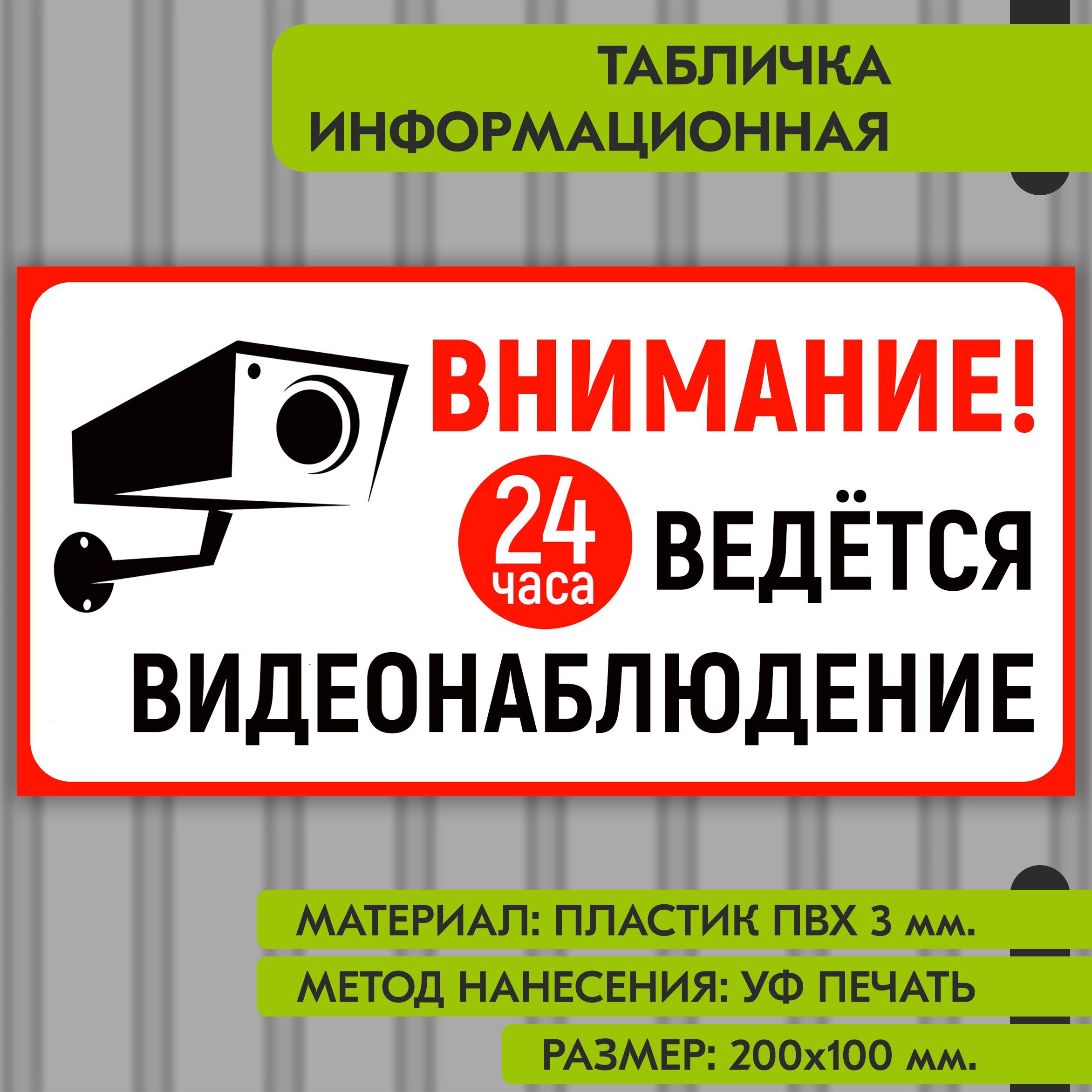 Информационная табличка на пластике "Ведется видеонаблюдение", 200х100 мм. УФ печать не выгорает