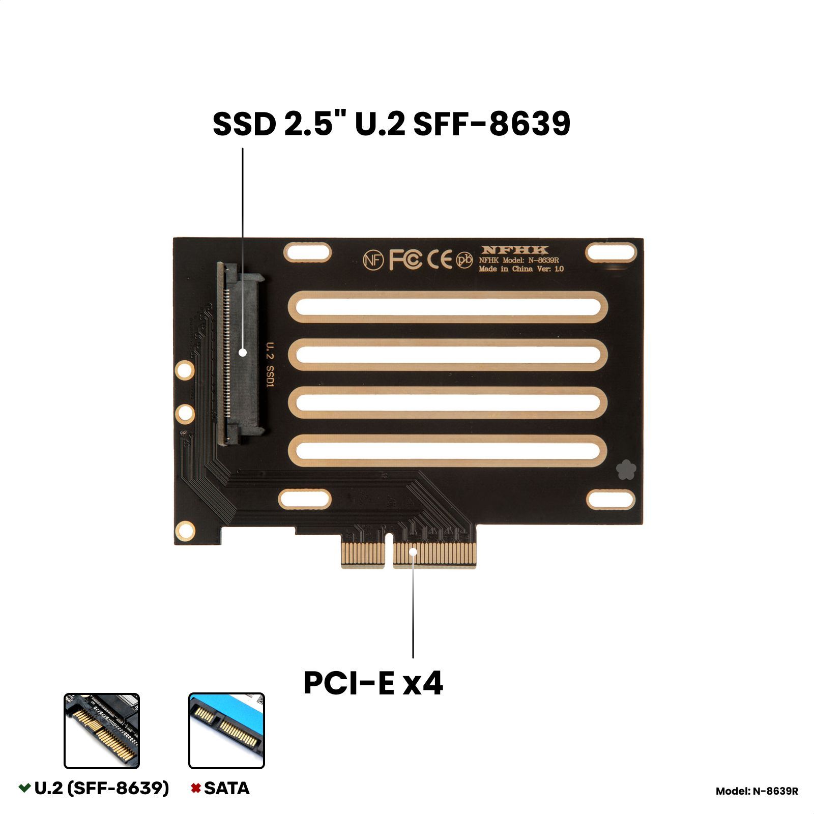 Адаптер-переходник (плата расширения) для установки SSD 2.5" U.2/U.3 SFF-8639 PCI-E NVMe в слот PCI-E x4, черный, N-8639R