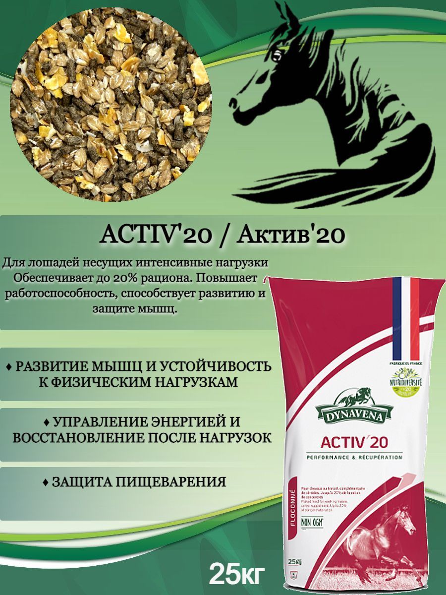 Корм мюсли для лошадей Dynavena (Динавена) Activ'20 балансирующий корм в виде хлопьев для скаковых и рысистых лошадей, восстановление после нагрузок и развитие мышц, 20% рациона, без овса (25кг)