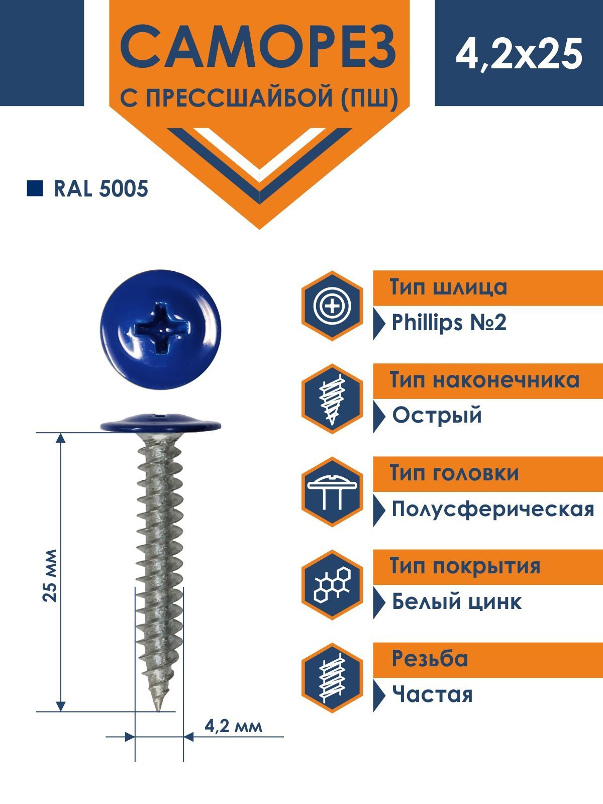 Саморез Rizzel ПШ 4,2х25 с прессшайбой острый RAL 5005 (500 шт)