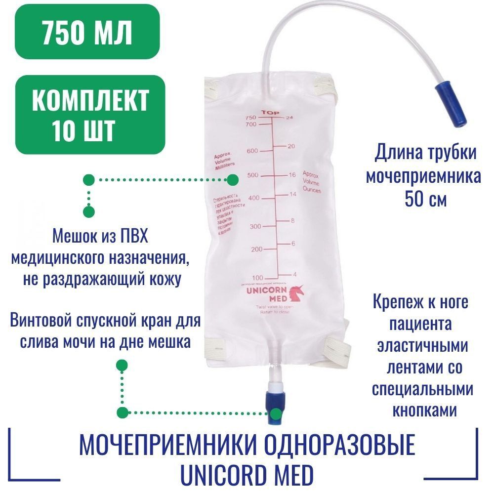 Мочеприемники750млUNICORDMEDодноразовыйстерильный,сустройствомдлякрепления,спрямымкраномдлясливасодержимого,сприводнойтрубкой(10шт.)