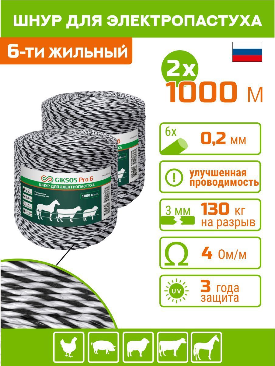 Шнур GIKSOS Pro 6, 3 мм, 2000 м, 6 жил по 0,2мм, (усиленный 130 кгс) 5,5 Ом, для электропастуха (нержавеющая проволока+мультифеламент) черно -белый