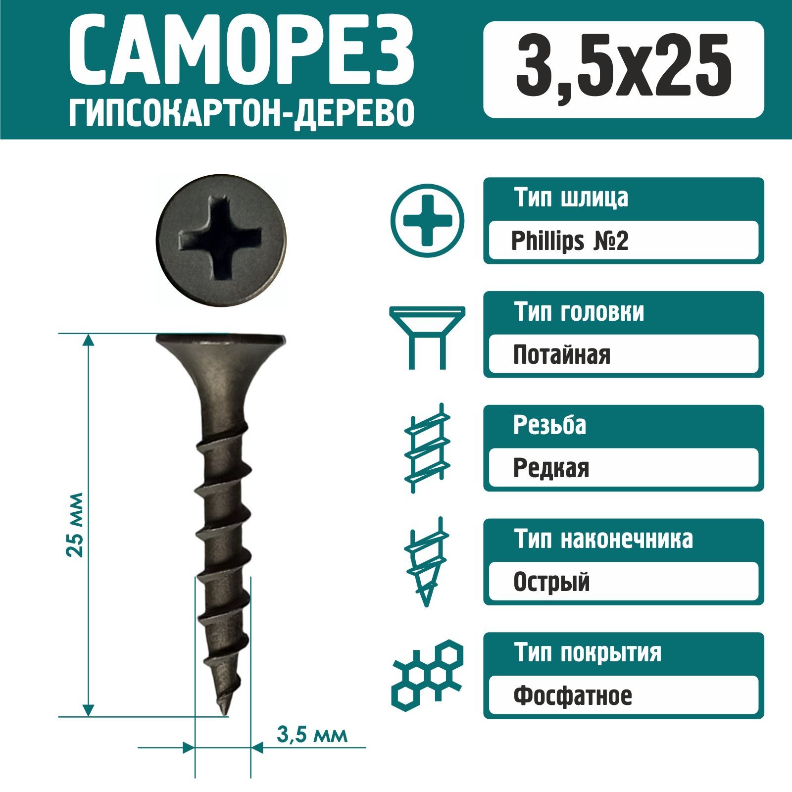 Саморез Rizzel 3,5х25 по дереву фосфатированный (1000 шт)