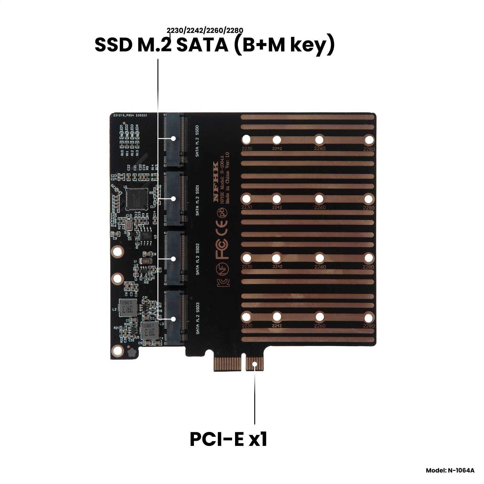 Адаптер-переходник (плата расширения) для установки 4 накопителей SSD M.2 2230-2280 SATA (B+M key) в слот PCI-E х1, черный, NFHK N-1064A
