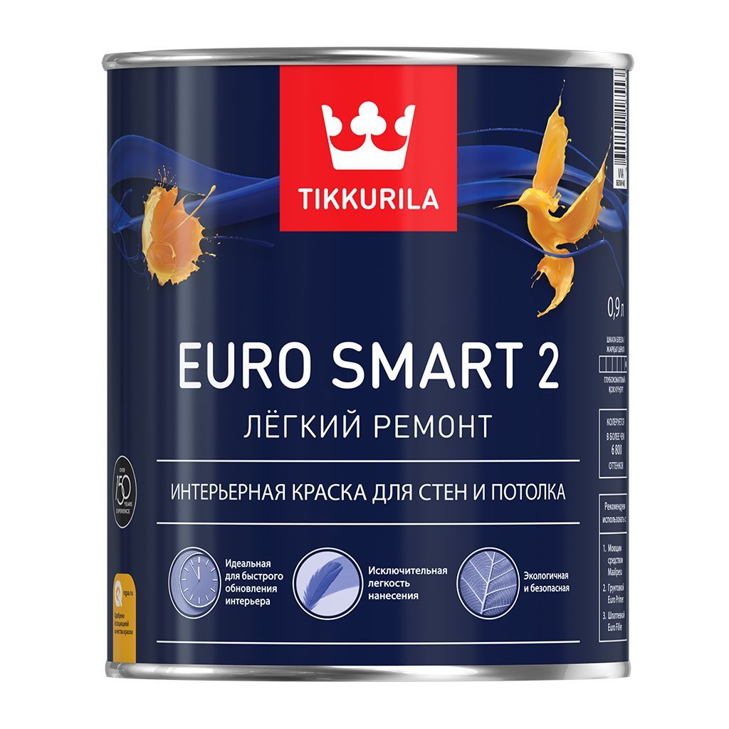 КраскаTikkurilaEuroSmart2,базаA,белаяглубокоматовая,0,9л