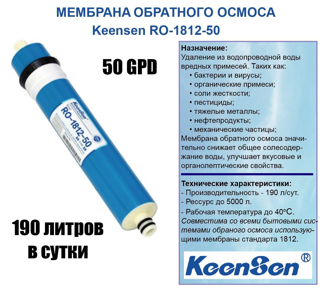 Мембрана обратного осмоса KeenSen RO-1812-50 190 л/сутки