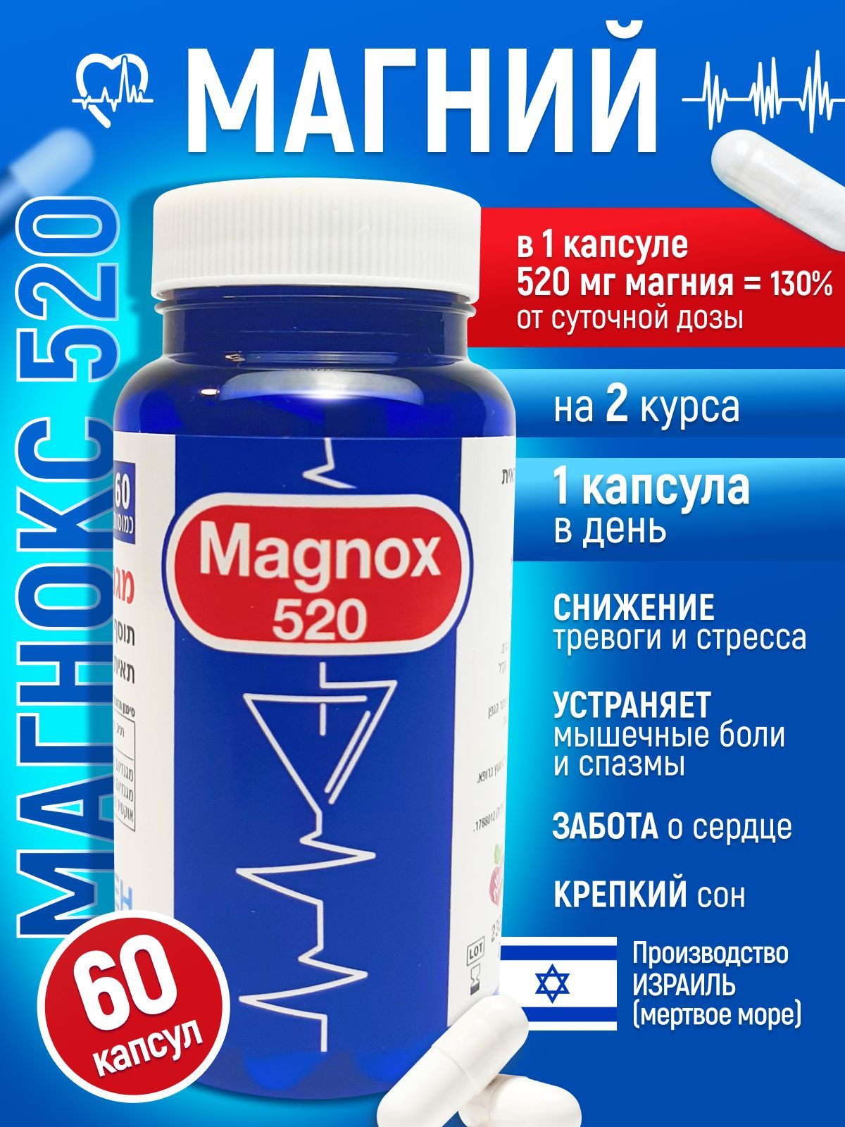 Magnox 520 Магний витамины для здоровья сердца и сосудов капсулы 985 мг, 60 шт.