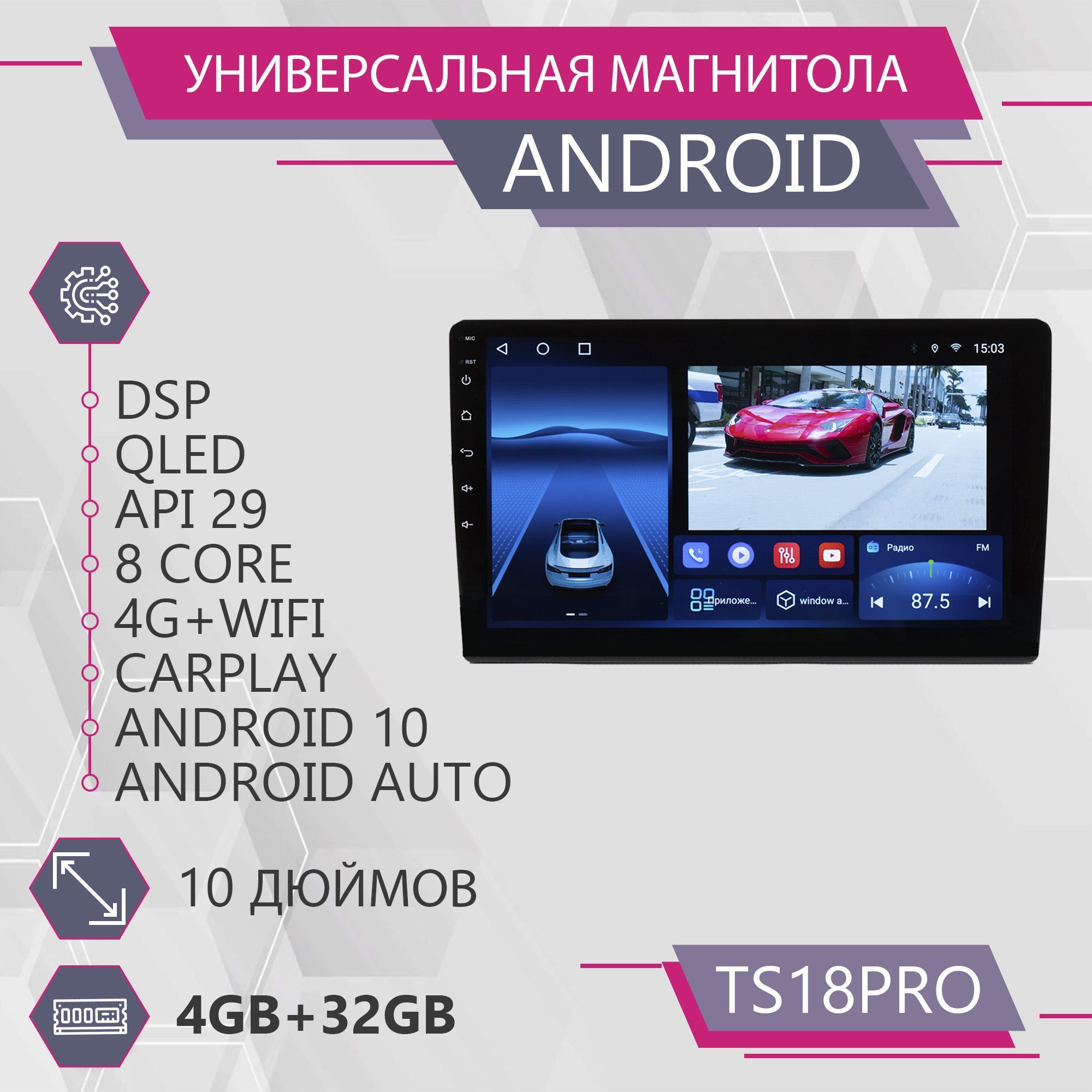 Штатная магнитола TS18Pro/4+32GB/Универсальная 10 дюймов/ магнитола Android  10/2din/ головное устройство/ мультимедиа/2 DIN - купить в  интернет-магазине OZON с доставкой по России (1246780158)