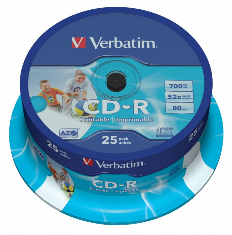 Диск CD-R Verbatim 700Mb 52x Cake Box (25шт) Printable (43439) AZO