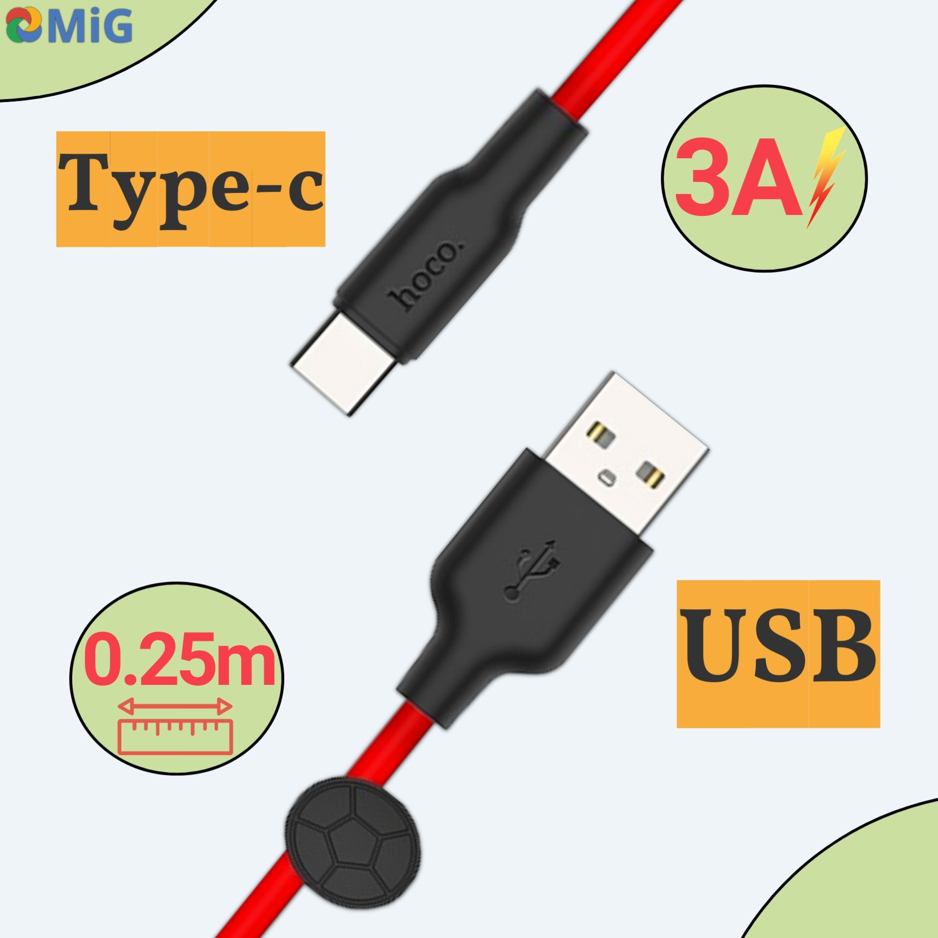 КабелькороткийHOCOX21plusUSBнаType-C,3A,0.25метровкрасный,дляpowerbank,зарядкигаджетовипередачиданных