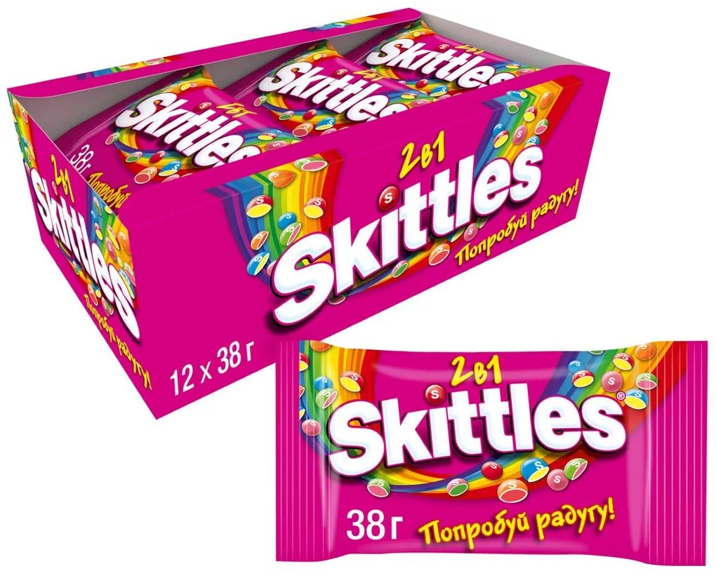 Конфеты драже Skittles 2в1 розовый, ягодные, фруктовые, 38 г х 12 шт