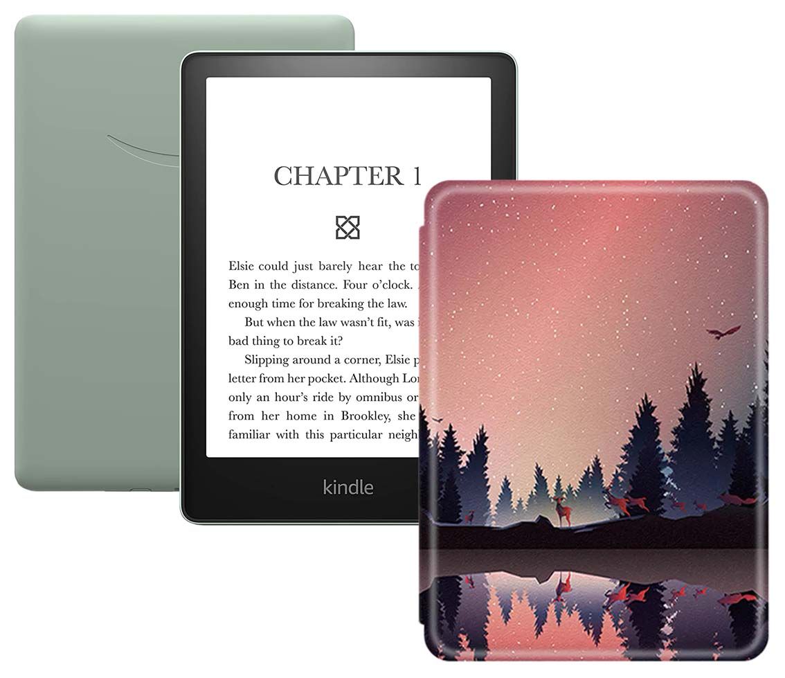 Amazon Kindle 6.8" Электронная книга PaperWhite 2021 16Gb SO Agave Green + обложка, зеленый, фиолетовый