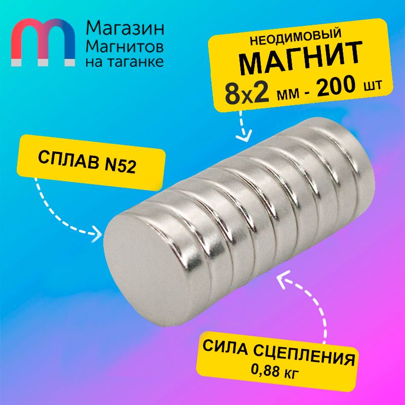 Неодимовый магнит диск 8х2 мм (N52) - 200 шт