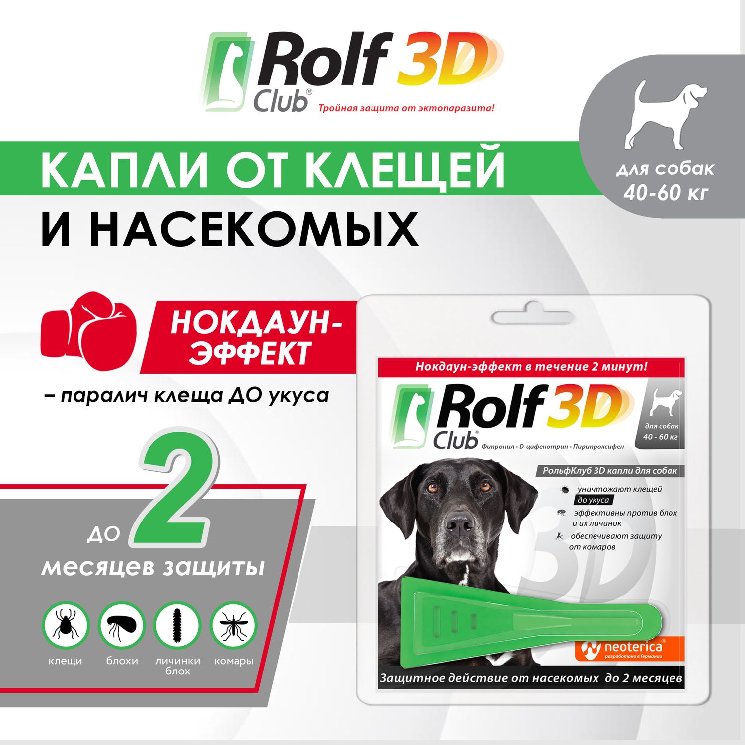 Rolf club 3d капли от клещей. ROLFСLUB 3d капли от клещей и блох для собак 40-60 кг.