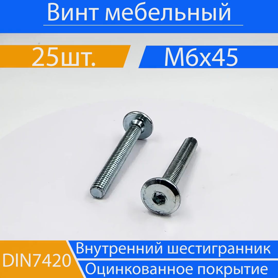 Дометизов Винт M6 x 45 мм, головка: Плоская, 25 шт.