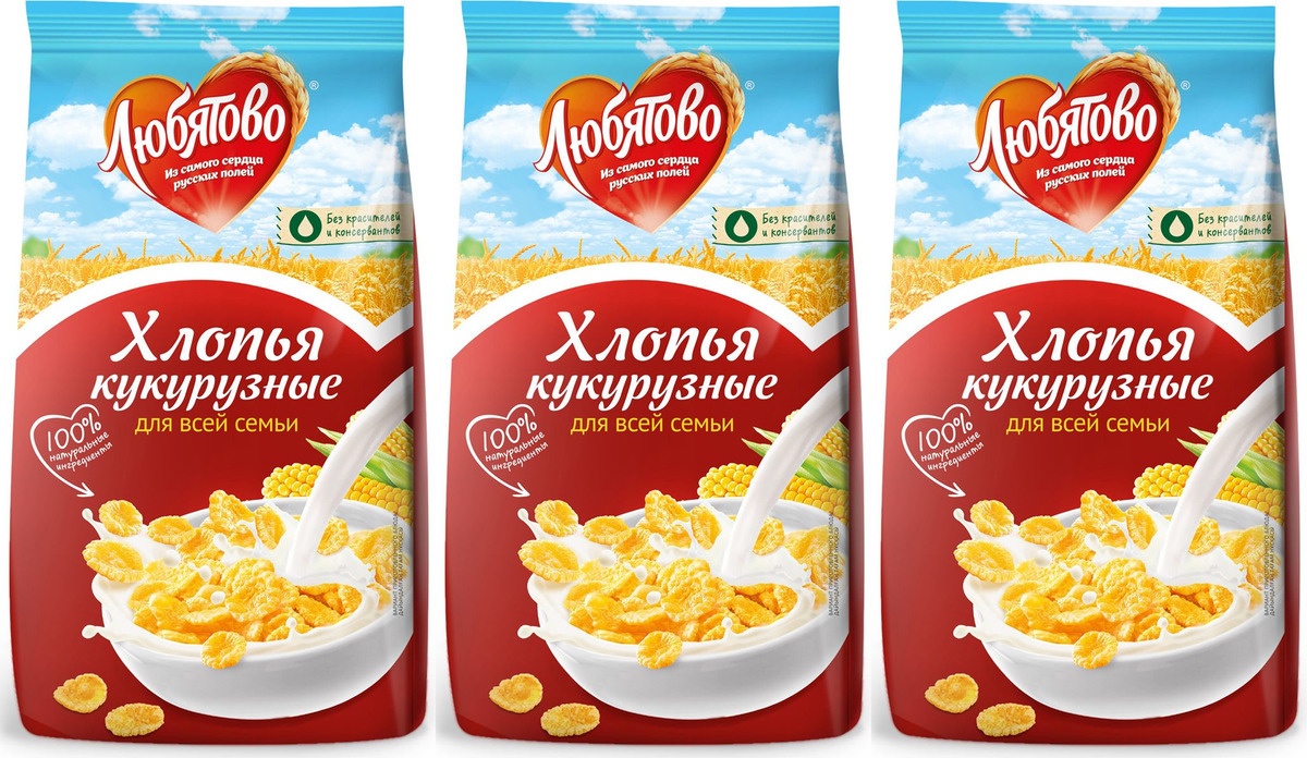 Хлопья Любятово кукурузные 300 г, комплект: 3 упаковки — купить в ...