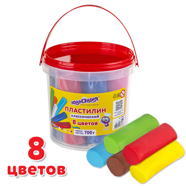Пластилин классический для лепки (набор) для детей, в ведерке 8 цветов ...
