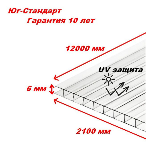 Сотовый поликарбонат 6 мм Прозрачный Юг-Стандарт, 12000x2100 мм ...