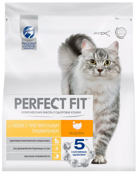Корм Perfect Fit для кошек с чувствительным пищеварением, с индейкой ...