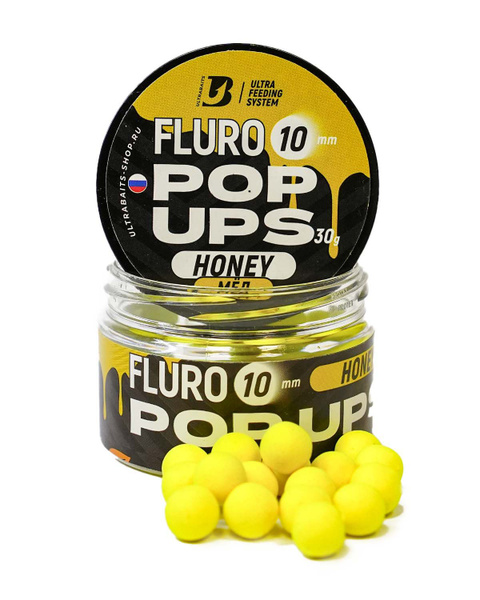 Бойлы плавающие FLURO POP UPS ULTRABAITS (МЁД) 10мм, банка 30гр ...