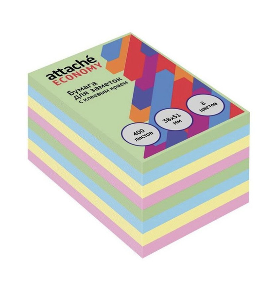 Бумага для заметок с клеевым краем Attache 38x51 мм, 400 л, 8 цветов ...