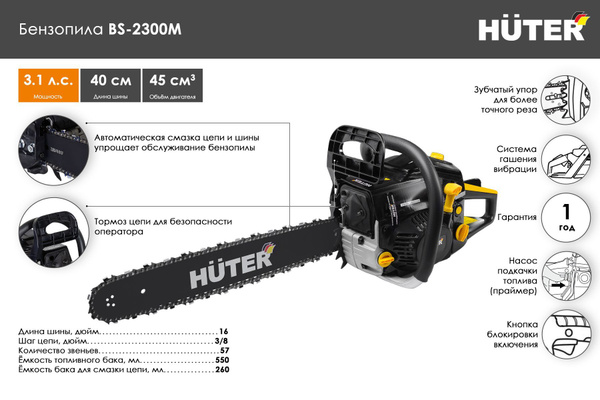 Бензопила BS-2300М Huter 3.1 л.с; объем двигателя 45 см3 - купить с ...