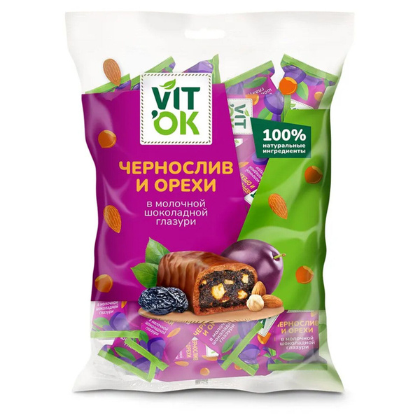 Конфеты VITOK "Чернослив и орехи в шоколадной глазури", 400 г, пакет ...