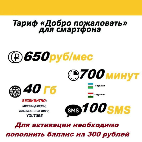 SIM-карта Sim-карта Билайн "Добро пожаловать" 700 мин / 100 SMS / 40 Гб ...