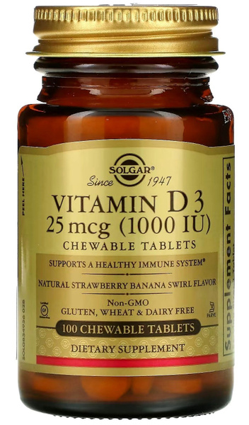 Solgar Vitamin D3 25 mcg (1000 IU) 100 chewable tabs Strawberry Banana ...
