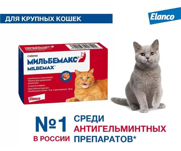 Антигельминтные таблетки Мильбемакс для крупных кошек, 2 таблетки ...