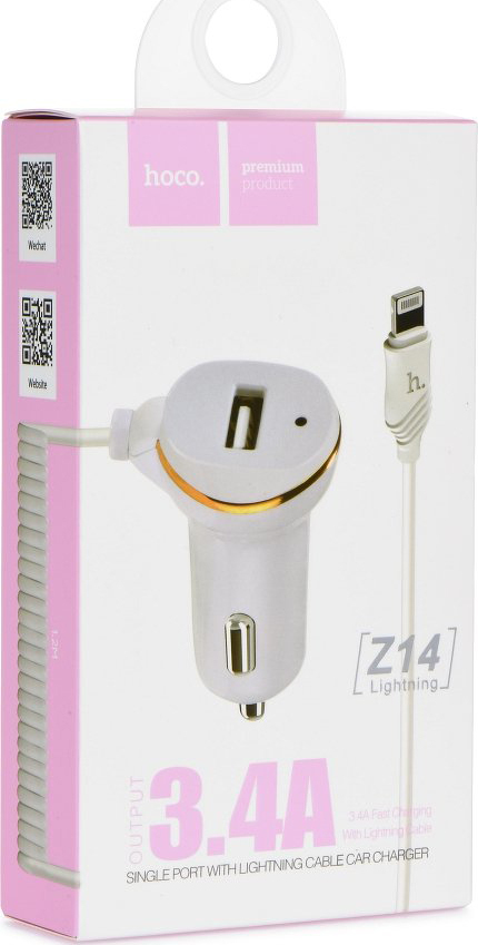 фото Автомобильное зарядное устройство Hoco Z14, 3.4 A, Lightning cable, белое