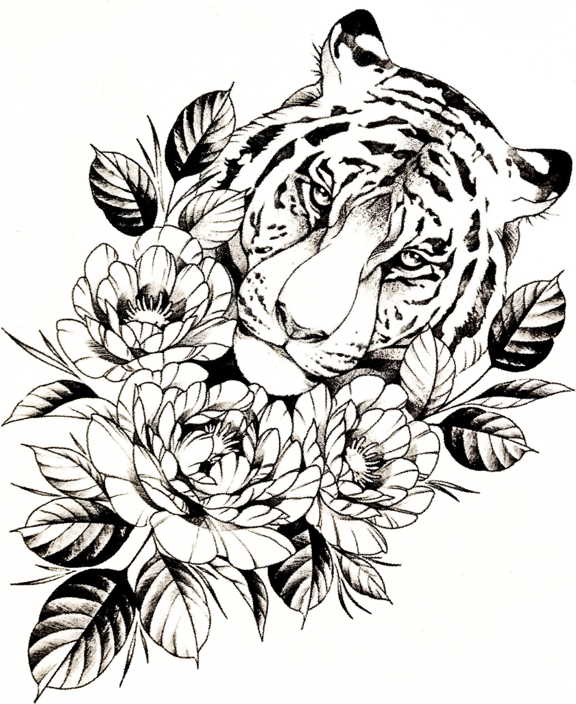 Тигр в цветах тату эскиз