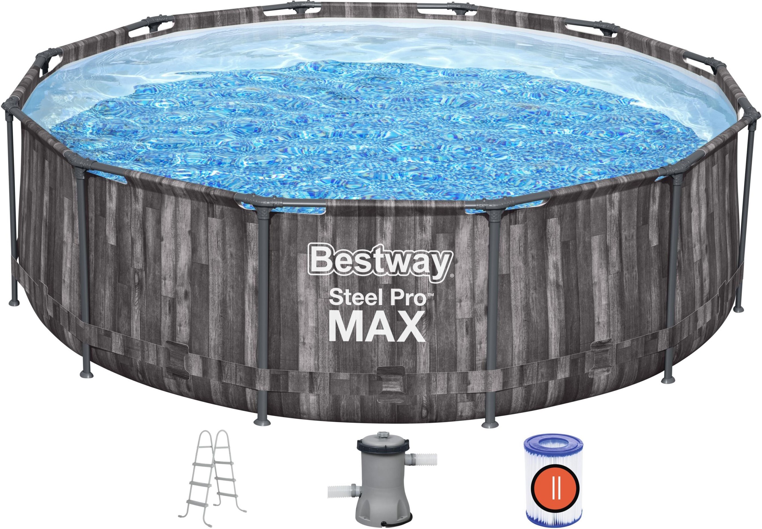 Бассейн Bestway каркасный Steel Pro Max 366х100см 9150л 5614X, фильтр-насос 2006 л/ч (58383), картридж 58094 (II), лестница 107см (58335)