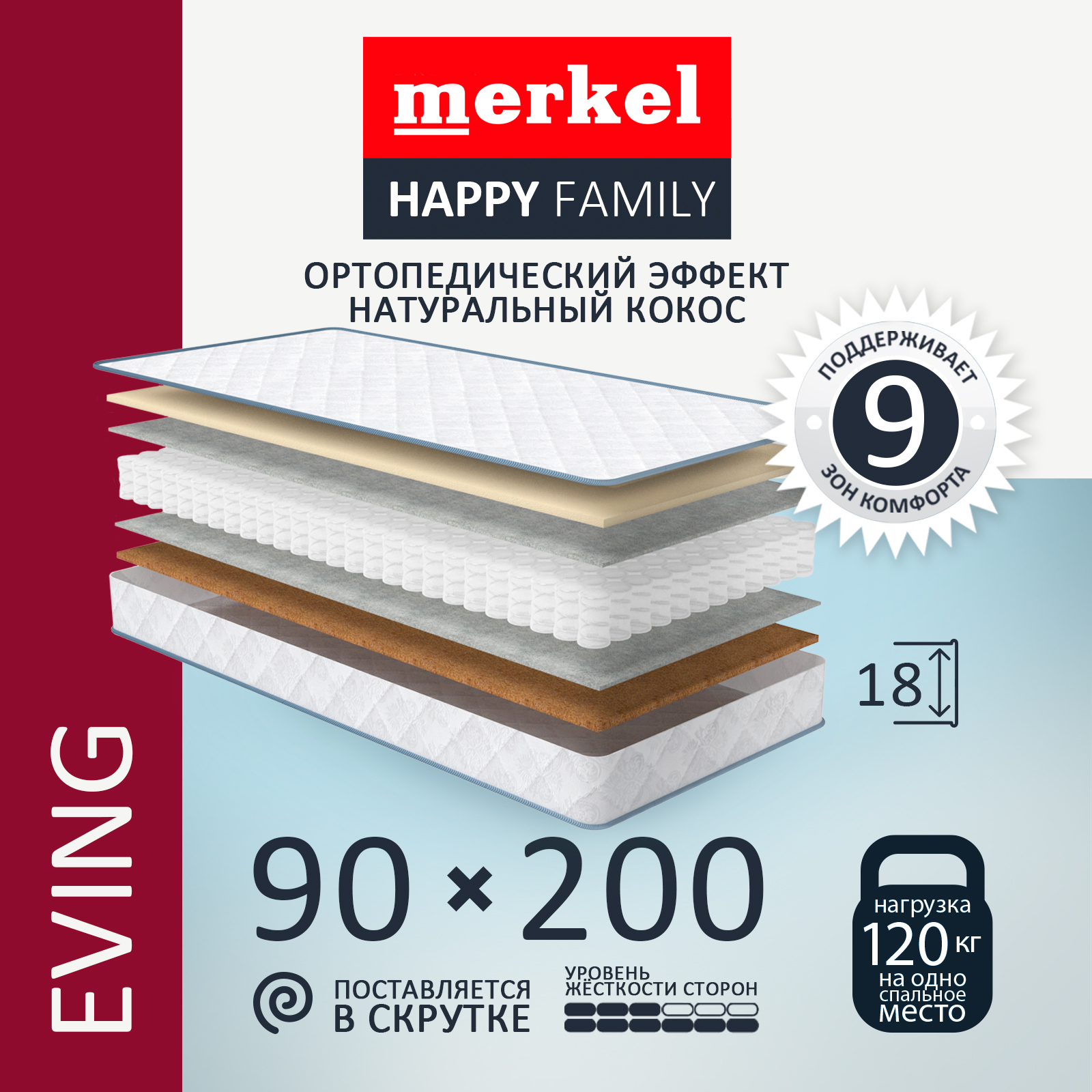 Матрас на кровать для сна Merkel Happy Family Eving пружинный 200x160 см обзор