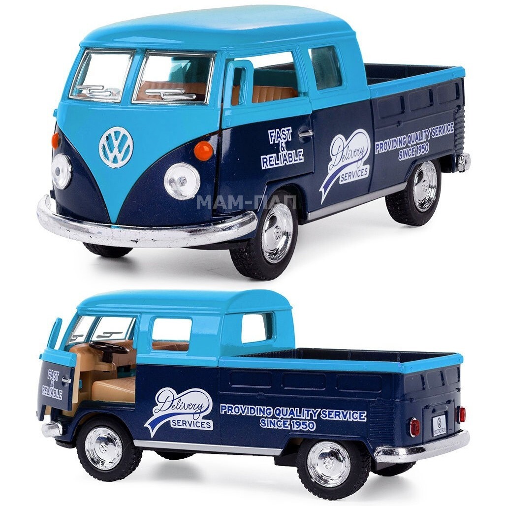 Машинка металлическая Kinsmart 1:34 1963 Volkswagen Classical Bus  Double-Cab Pickup (Фольцваген Автобус с открытым кузовом) 5396DKT  инерционная, двери открываются / Сине-голубой с принтом - купить с  доставкой по выгодным ценам в интернет-магазине