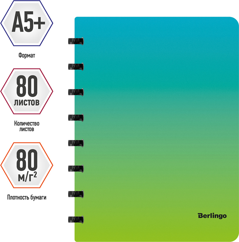 Бизнес-тетрадьвклеткуBerlingoRadiance,А5+,накольцах,пластик,слинейкой-закладкой,80л,голубой/зеленый