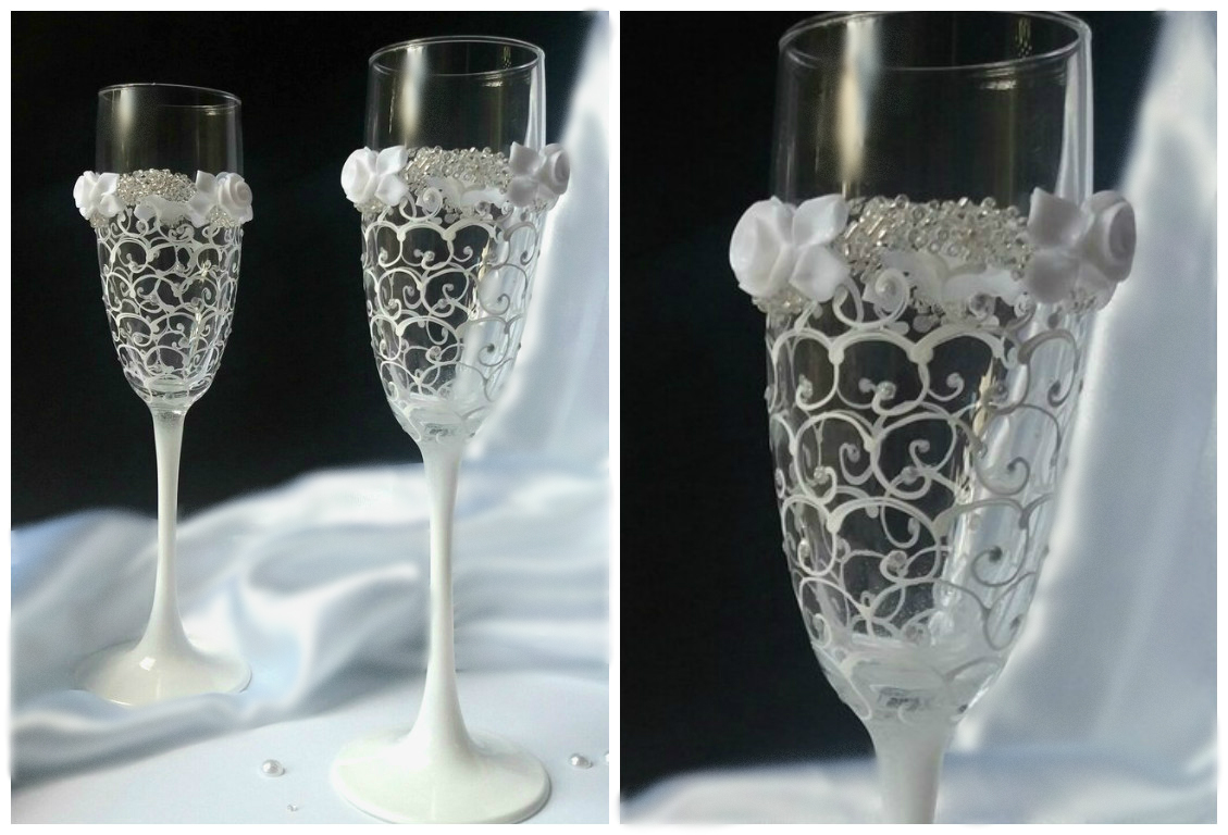 Украшаем свадебные бокалы цветами из полимерной глины своими руками