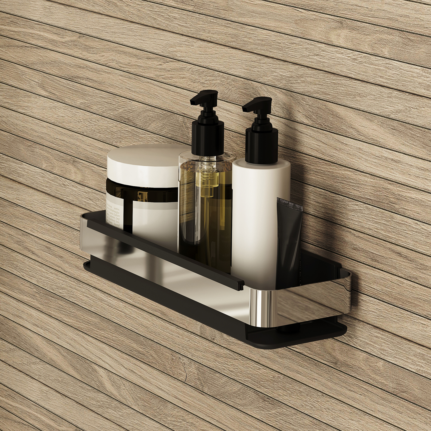 Фото товара на маркетплейсе ozon Полка для ванной настенная, нержавеющая сталь, черная, IDDIS, SHE13SBi44