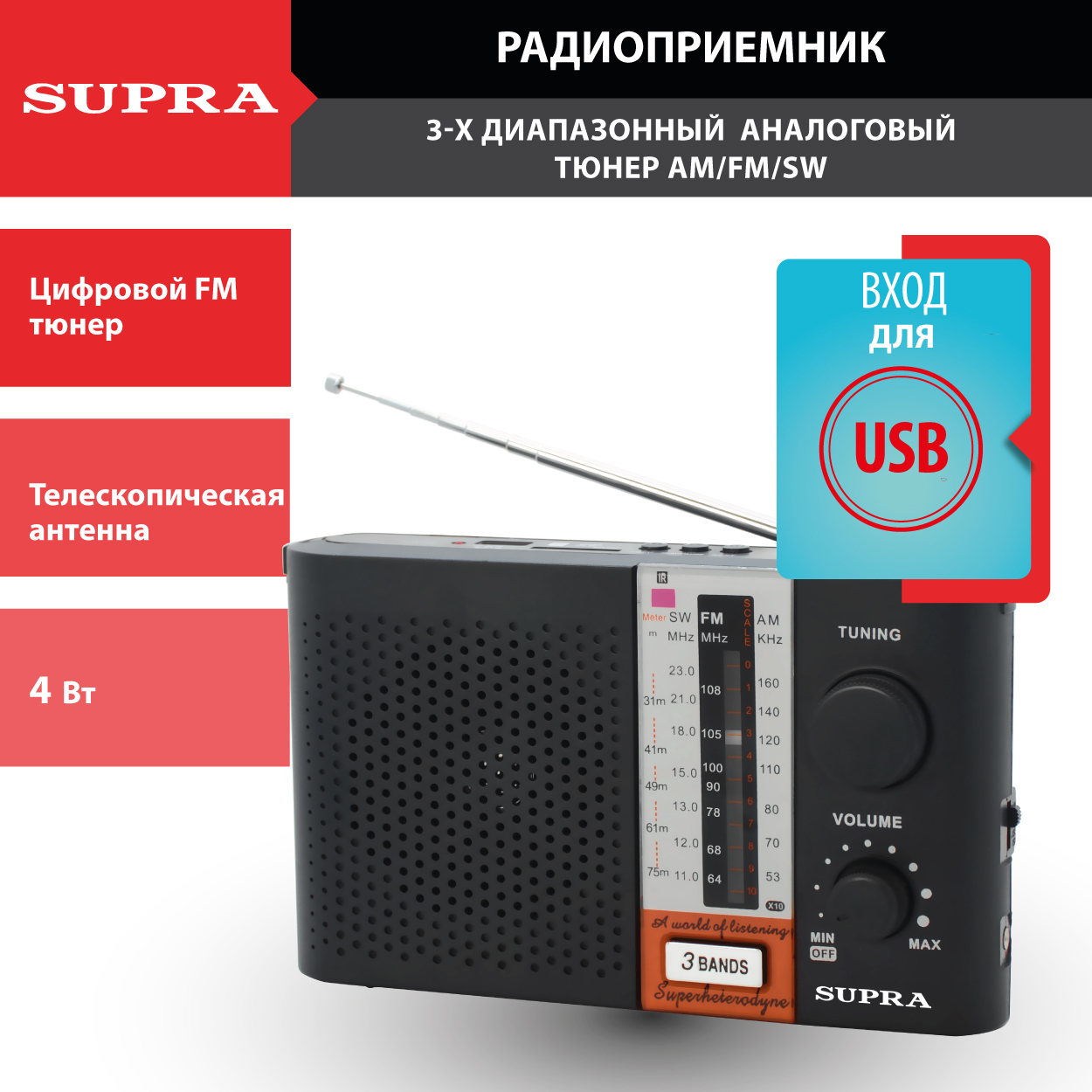 Ретро радиоприемник SUPRA с телескопической антенной, AM/FM/SW, разъемом  для наушников, USB, SD и MP3 купить по низкой цене с доставкой в  интернет-магазине OZON (178227951)