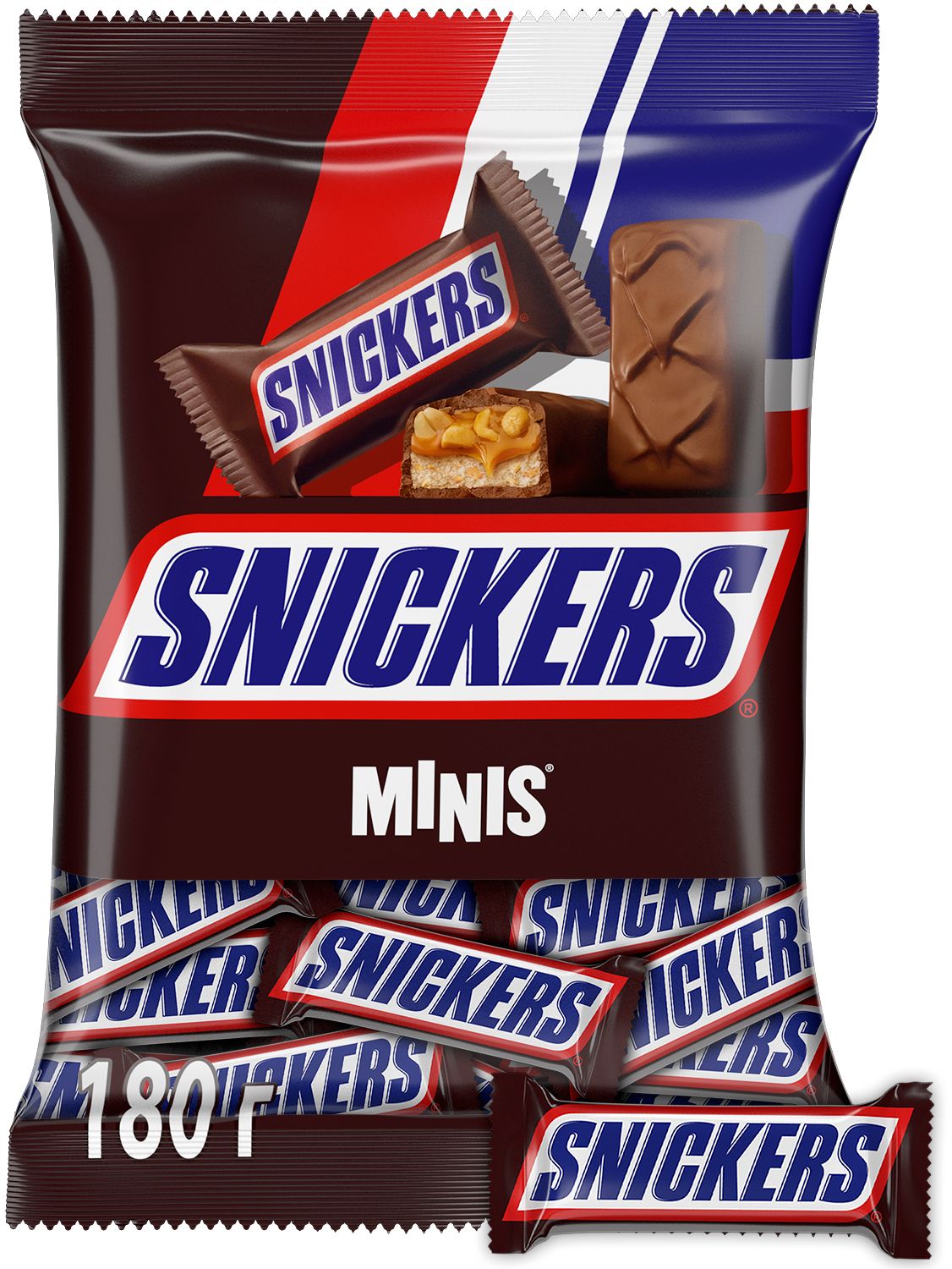 КонфетышоколадныебатончикиSnickersMinis,180г/Нуга,карамель,арахис,шоколад