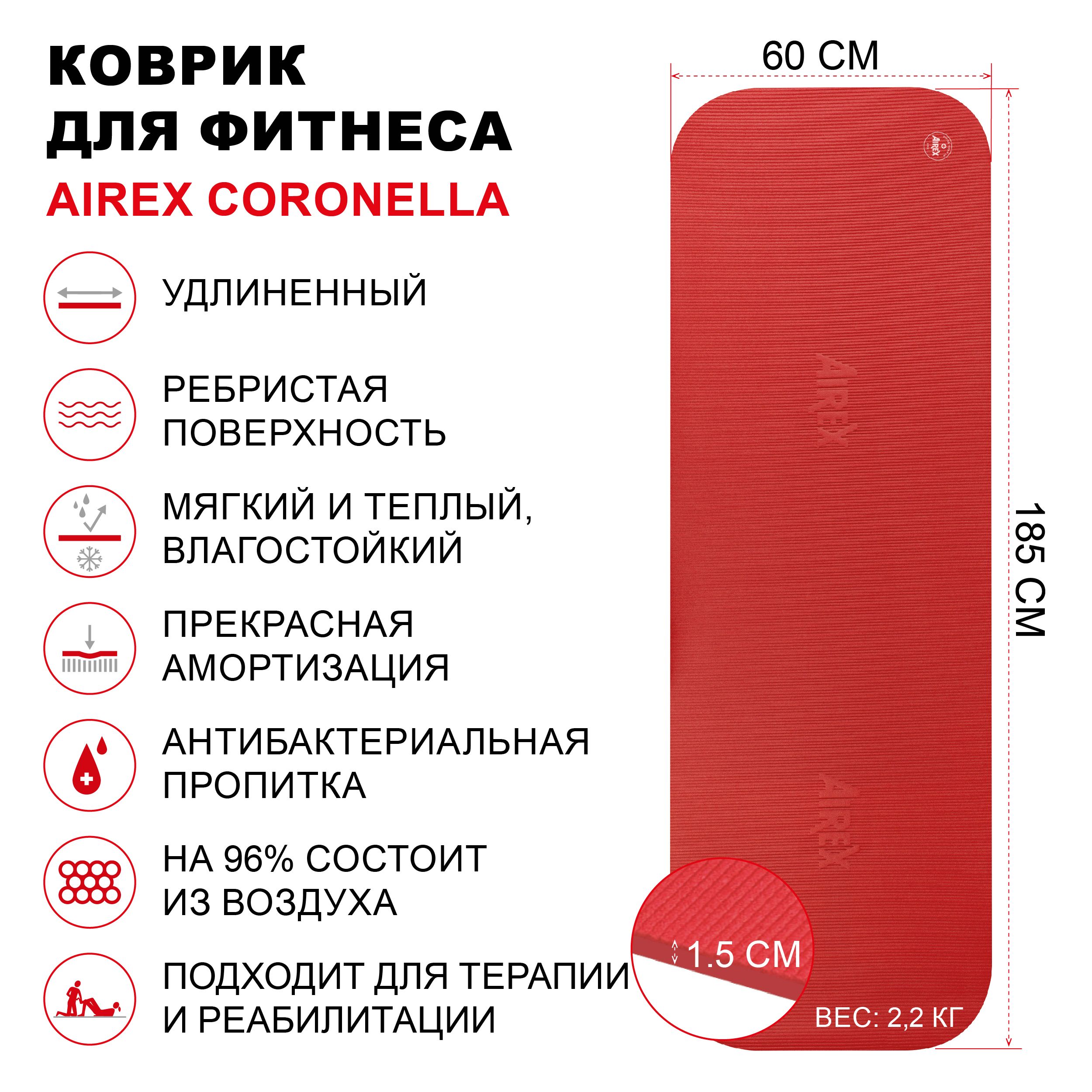 Коврик гимнастический для фитнеса AIREX Coronella, 185х60х1,5 см., цвет  красный - купить в интернет-магазине OZON с быстрой доставкой (174852496)