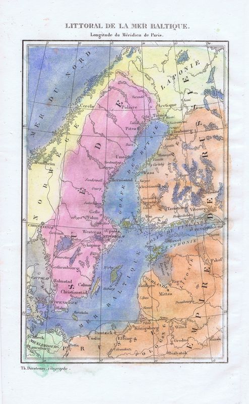 Географическая карта антикварная. Побережье Балтийского моря. Офорт, акварель. Франция, 1838 год