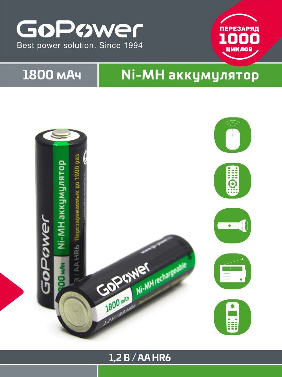 АккумуляторныебатарейкиHR6AAGoPowerNI-MH1800mAh-2шт.