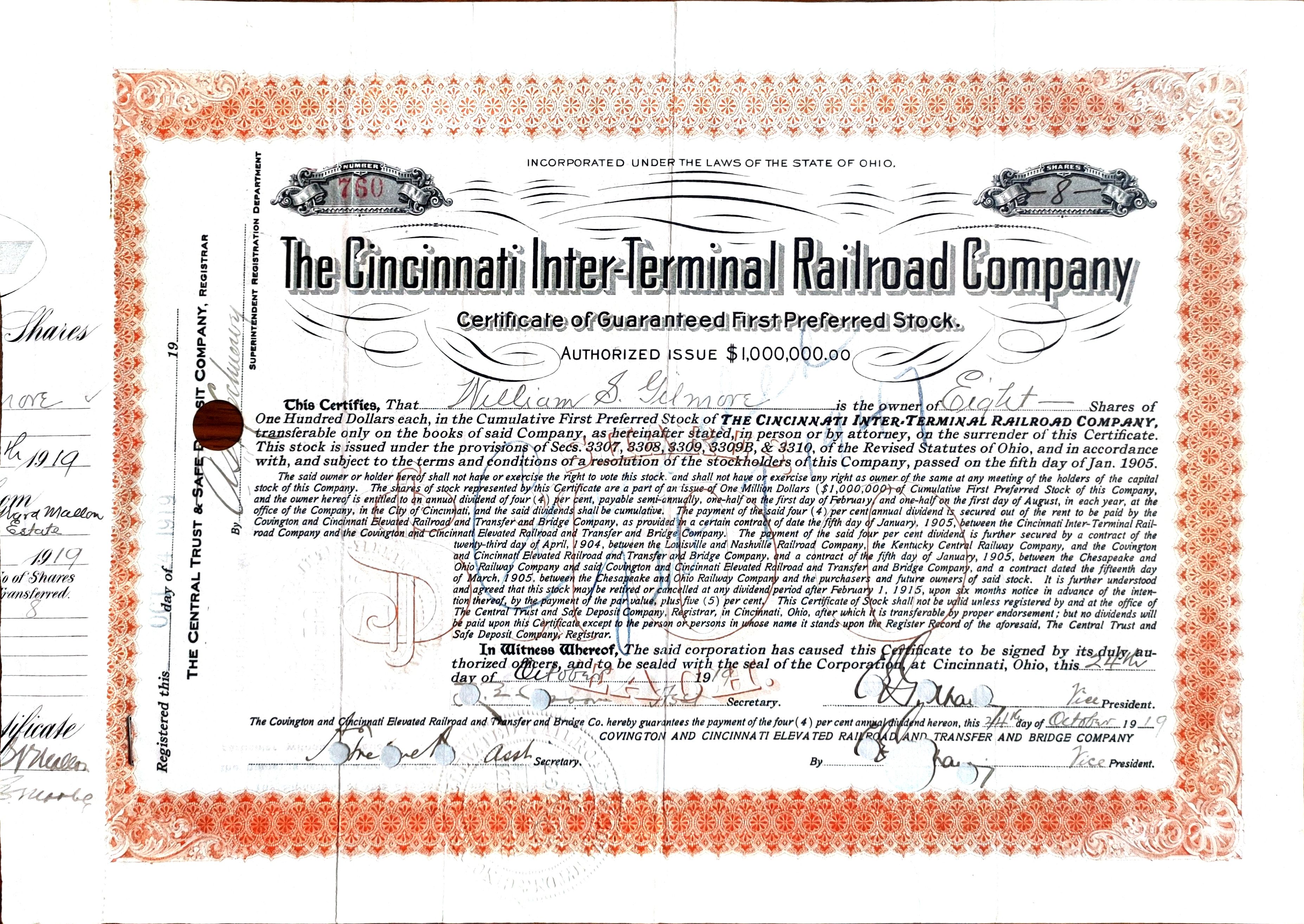 Межтерминальная железнодорожная компания Цинциннати. 8 Акций на 100 долларов каждая. 1919 г.