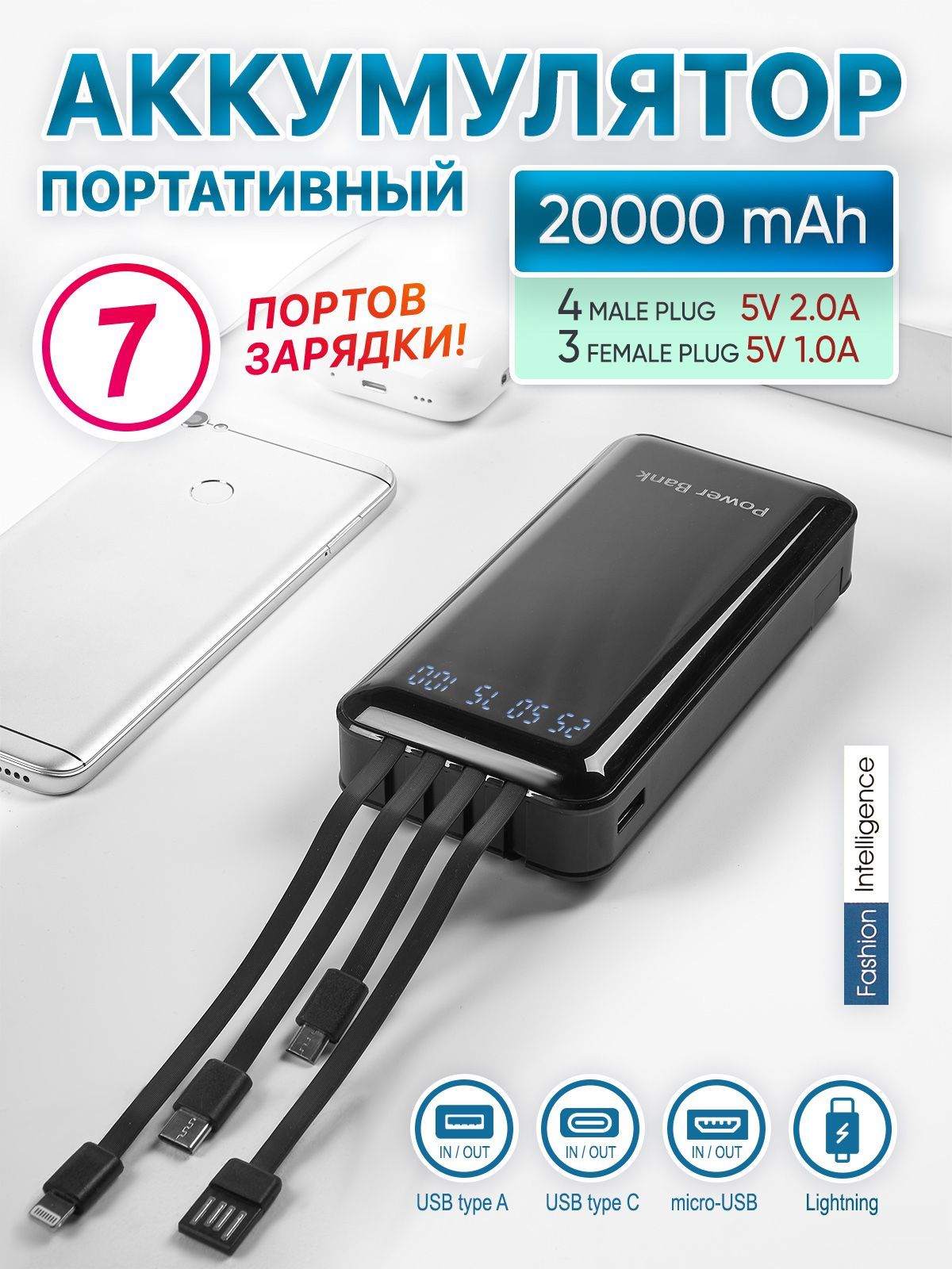 Повербанк 20000mah внешний аккумулятор с быстрой зарядкой Power Bank